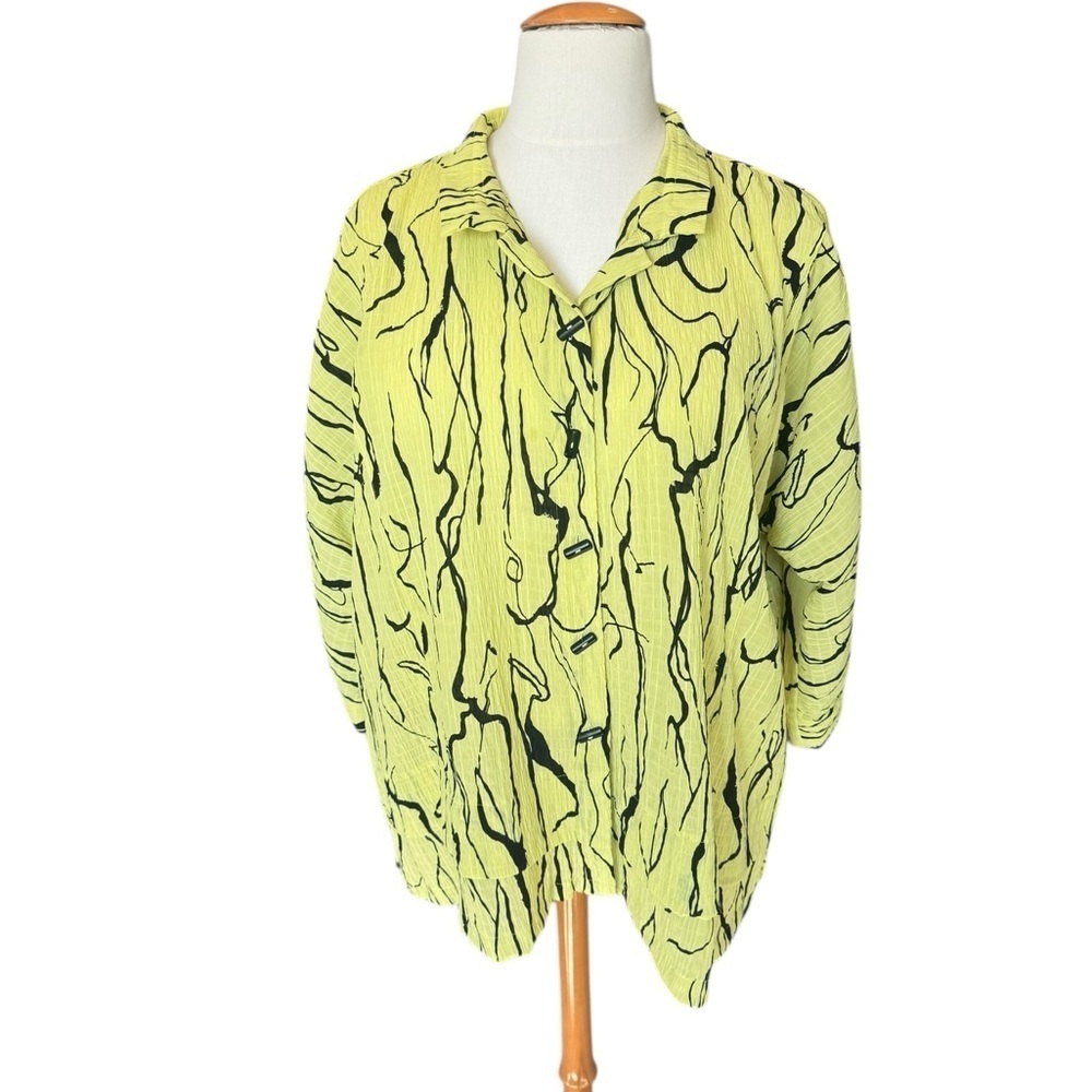 Ali Miles Textured Pattern 2X Yellow Blouse Artsy Neutral 3/4 Sleeve Tunic L1